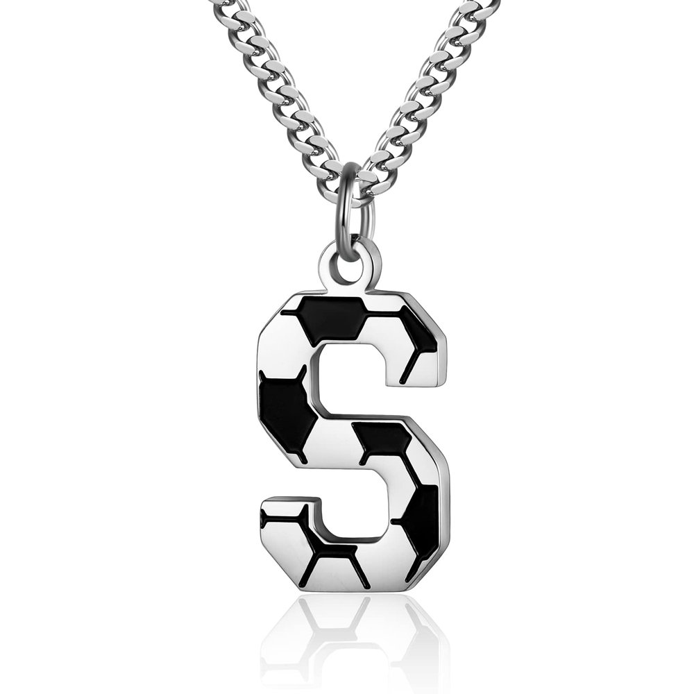 AIAINAGI Soccer Initial A-Z Letter Necklace for Boys Charm Pendant Stainless Steel Silver Chain 22inch Personalized Gift Men Women Girls(S)