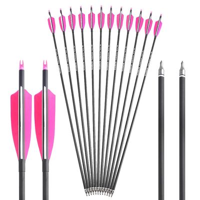 ZSHJGJR 30 Inch Archery Carbon Arrows Hunting Arrows with 4 Turkey Feather Target Practice Arrows Spine 500 for Compound & Recurve &Traditional Bow 6/12pcs (Pink, 12pcs Arrows)