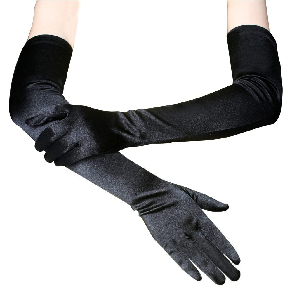 DMLBC Women's Black Long Satin Gloves 1920s Opera Bridal Wedding Dance Halloween Costume Evening Party Gloves 22 inch