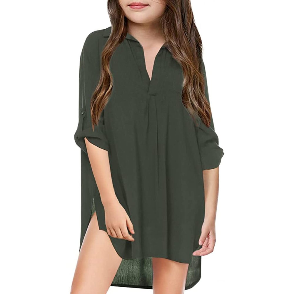 Little Girl's Kids Swimsuit Beach Cover Up for Girl Chiffon Shirt Bikini Beachwear Girl Clothes (Army Green, 8-9 Years)