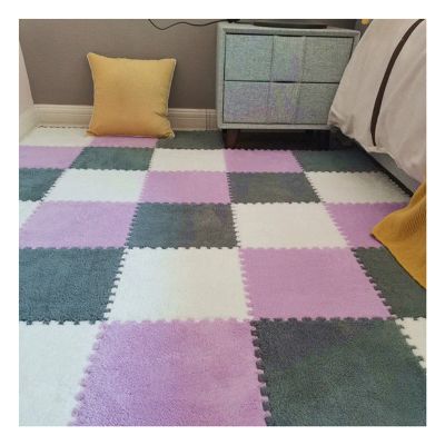 12" X 12" Interlocking Floor Tiles, Fluffy Plush Carpet Foam Mats, Puzzle Exercise Floor Mat, Area Rug for Living Room Bedroom Decor, 11Mm Thick Foam,White+Purple+Grey,40Pcs