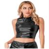 Yeahdor Women's Shiny Metallic Mock Neck Sleeveless Crop Tank Top Festival Rave Dance Bustier Vest Clubwear Black XX-Large view 1
