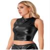 Yeahdor Women's Shiny Metallic Mock Neck Sleeveless Crop Tank Top Festival Rave Dance Bustier Vest Clubwear Black XX-Large view 4