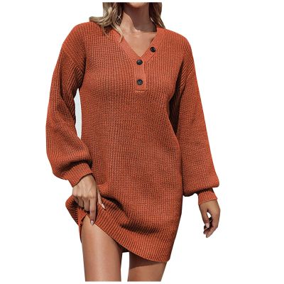 XUNRYAN Women Winter Sweater Dress Classy Fall Dresses 2022 Casual Solid Button V Neck Raglan Long Sleeve Swing Mini Dress Red