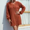 XUNRYAN Women Winter Sweater Dress Classy Fall Dresses 2022 Casual Solid Button V Neck Raglan Long Sleeve Swing Mini Dress Red view 2