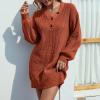 XUNRYAN Women Winter Sweater Dress Classy Fall Dresses 2022 Casual Solid Button V Neck Raglan Long Sleeve Swing Mini Dress Red view 4