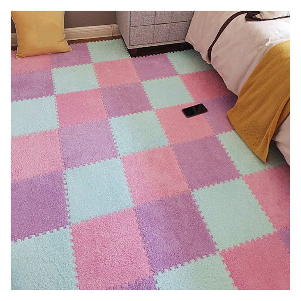 12" X 12" Interlocking Floor Tiles, Fluffy Plush Carpet Foam Mats, Puzzle Exercise Floor Mat, Area Rug for Living Room Bedroom Decor, 11Mm Thick Foam,Purple+Pink+Blue,40Pcs