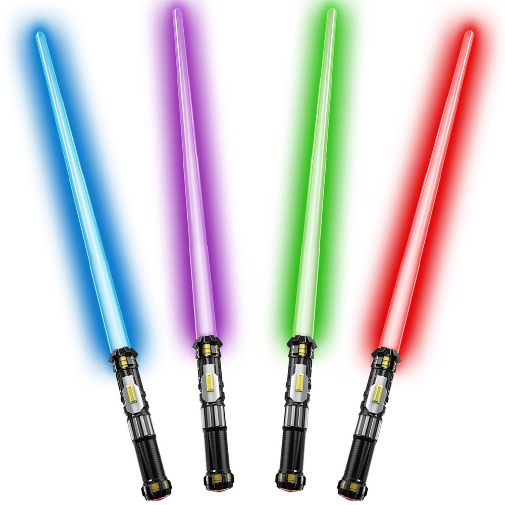 Cawiew 4 Pack Light up Sword Saber with FX Sound (on-Off Control) and Full Retractable Handle, 4 Colors LED Glow in The Dark Toy for Kids Adult