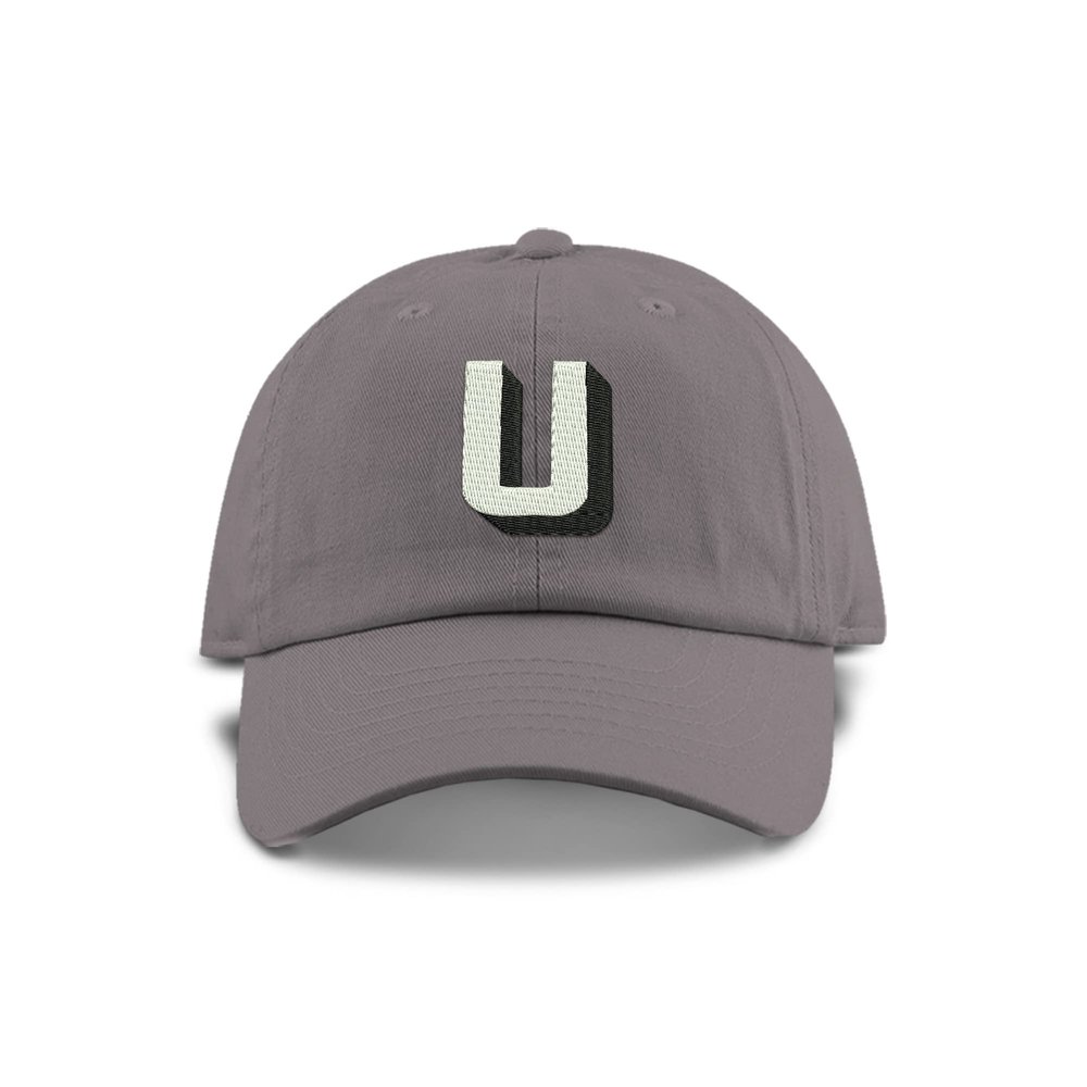 Monogram Initial Modern Shadow Letter Baseball Cap - Toddler, Youth Kids, and Adult Adjustable Grey Hat with White Letter (10+ Adult Size, U)