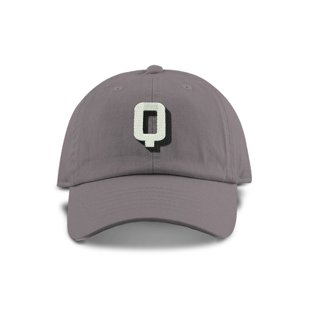 Monogram Initial Modern Shadow Letter Baseball Cap - Toddler, Youth Kids, and Adult Adjustable Grey Hat with White Letter (6-9 Youth Size, Q)
