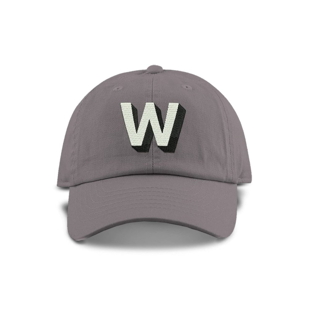Monogram Initial Modern Shadow Letter Baseball Cap - Toddler, Youth Kids, and Adult Adjustable Grey Hat with White Letter (6-9 Youth Size, W)