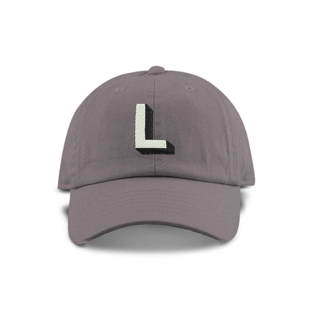Monogram Initial Modern Shadow Letter Baseball Cap - Toddler, Youth Kids, and Adult Adjustable Grey Hat with White Letter (6-9 Youth Size, L)