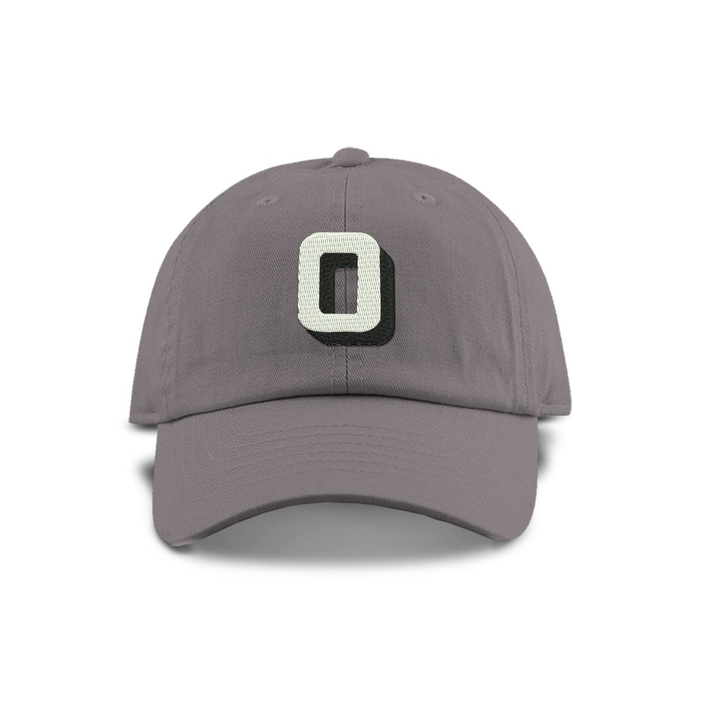 Monogram Initial Modern Shadow Letter Baseball Cap - Toddler, Youth Kids, and Adult Adjustable Grey Hat with White Letter (6-9 Youth Size, O)
