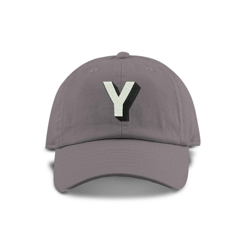 Monogram Initial Modern Shadow Letter Baseball Cap - Toddler, Youth Kids, and Adult Adjustable Grey Hat with White Letter (6-9 Youth Size, Y)