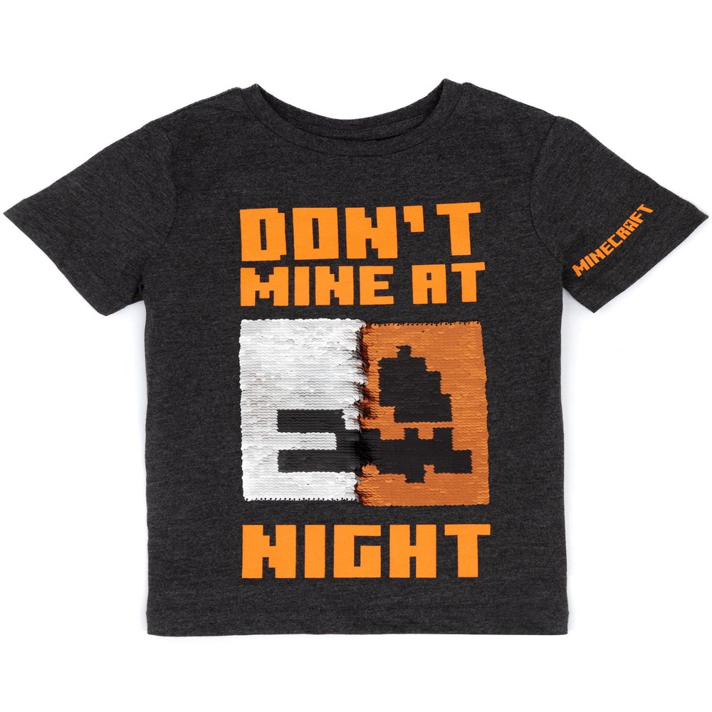 Minecraft Boys Halloween T-Shirt | Kids Dark Grey Flip Sequin Pumpkin Creeper Villains Tee | Skeleton Seasonal Costume Top