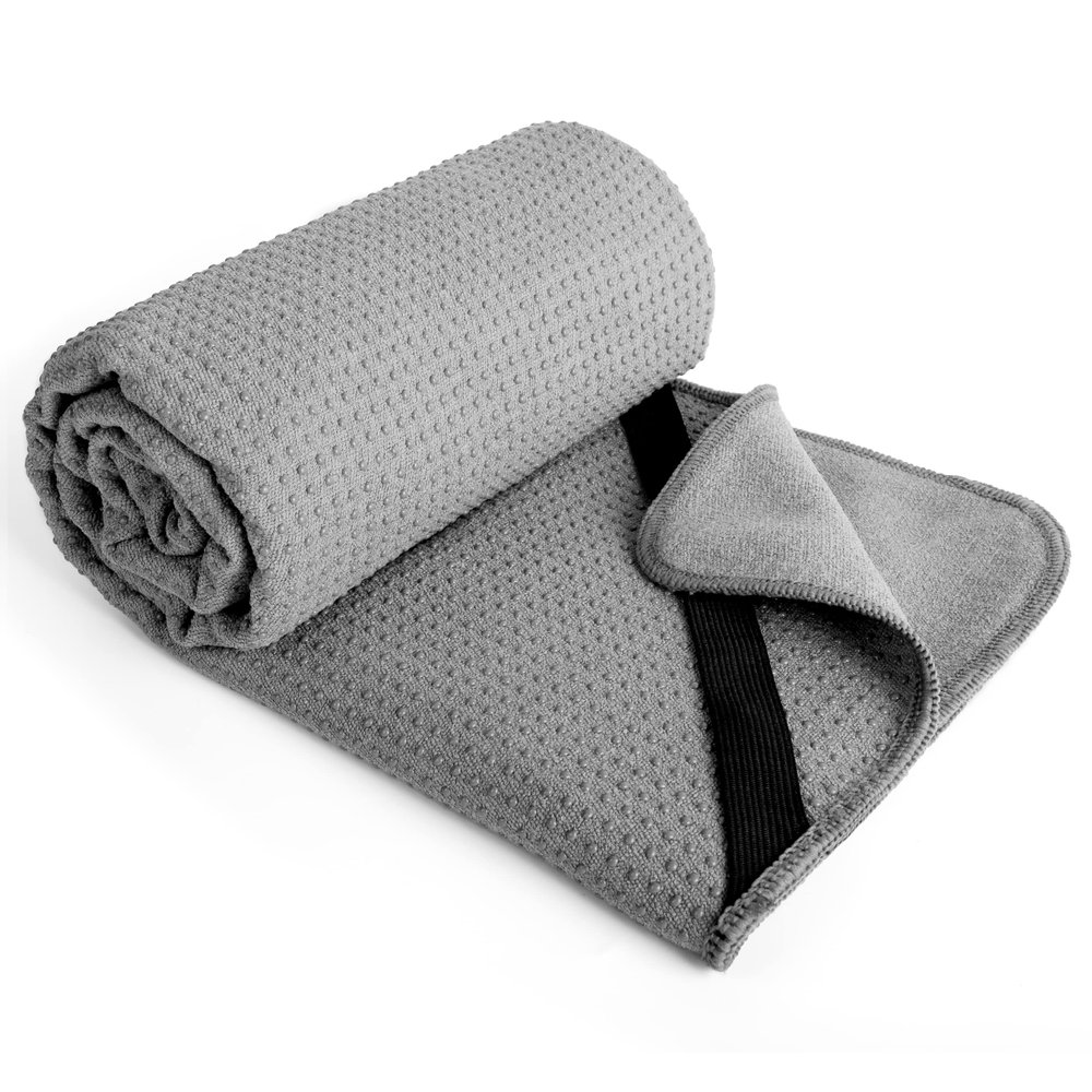POLYTE Microfiber Hot Yoga Towel Mat with Non-Slip Silicone Grip and Secure Fit Elastic Straps, 24 x 72 in (Gray)