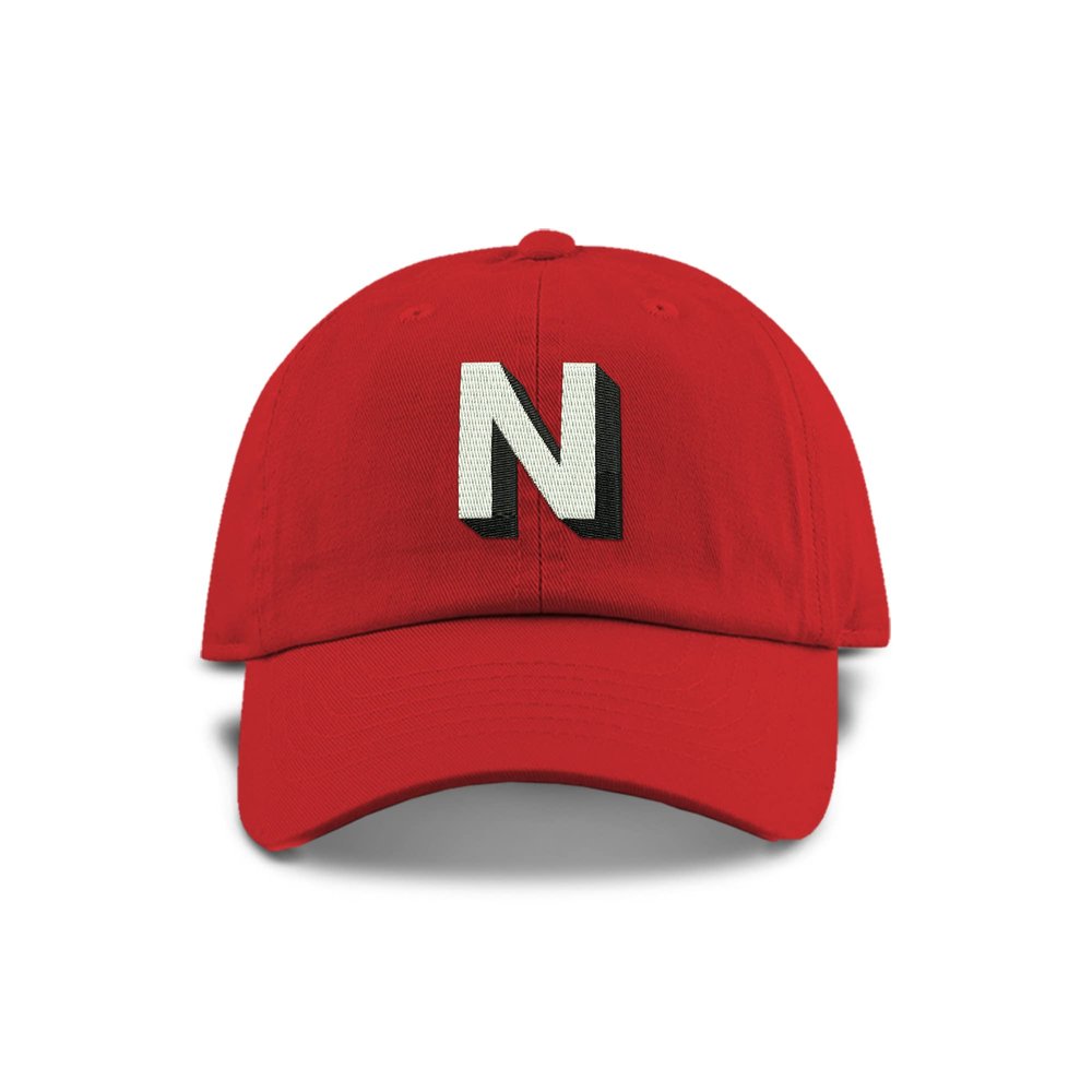 Monogram Initial Modern Shadow Letter Baseball Cap - Toddler, Youth Kids, and Adult Adjustable Red Hat with White Letter (2-5 Toddler Size, N)