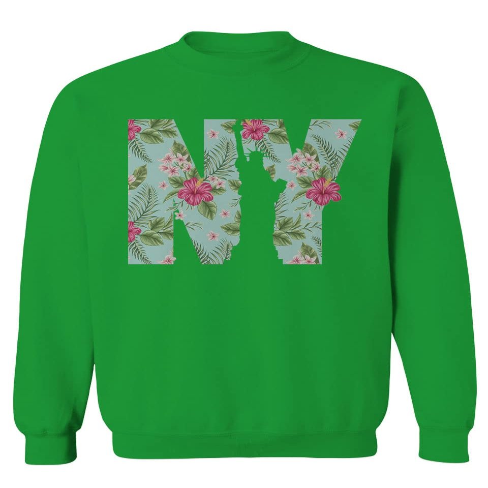 0506. Cool New York Gift Liberty Statue NYC Floral Beach Summer Vacation Palm Men's Crewneck Sweatshirt (Irish Green Medium)