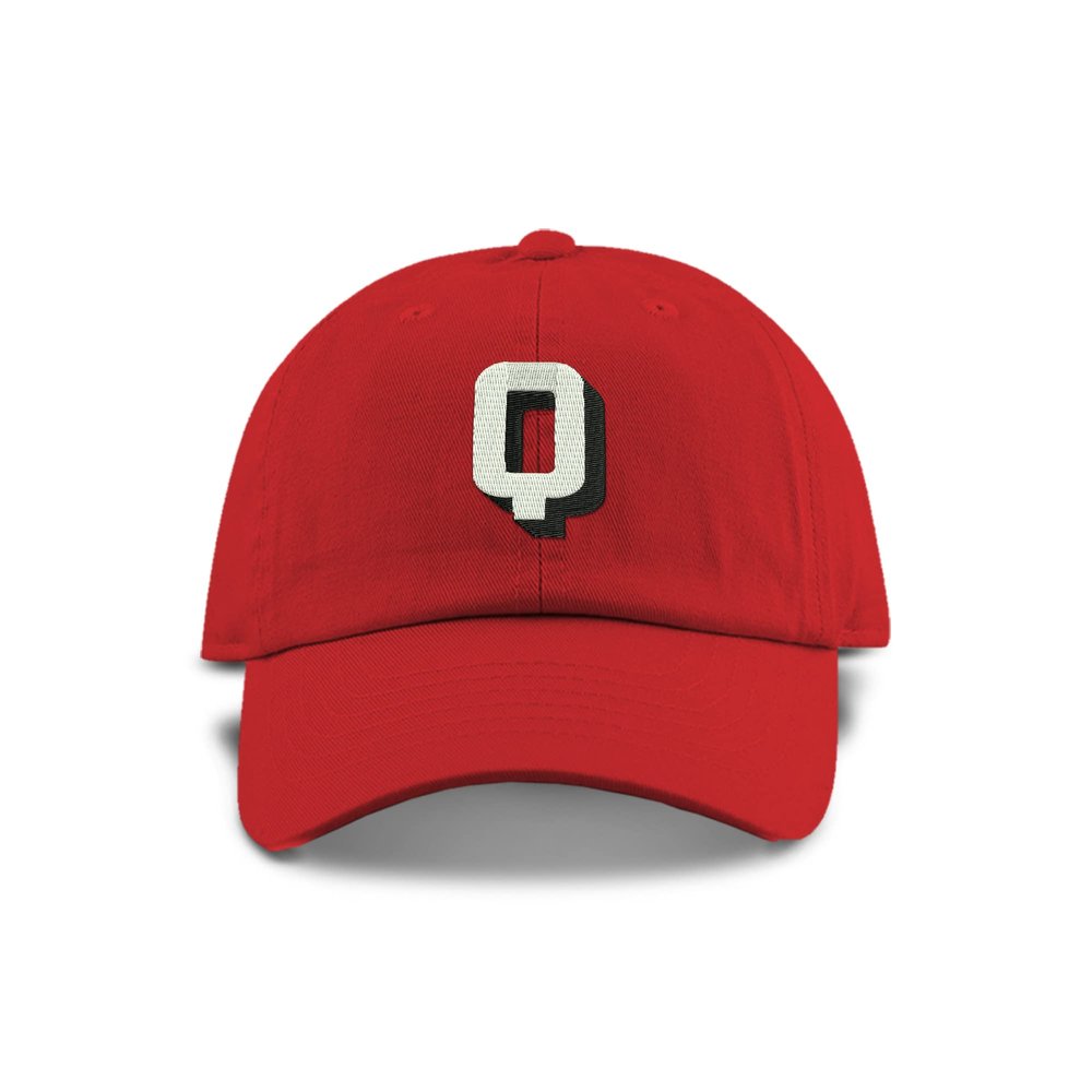 Monogram Initial Modern Shadow Letter Baseball Cap - Toddler, Youth Kids, and Adult Adjustable Red Hat with White Letter (6-9 Youth Size, Q)