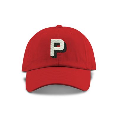 Monogram Initial Modern Shadow Letter Baseball Cap - Toddler, Youth Kids, and Adult Adjustable Red Hat with White Letter (6-9 Youth Size, P)