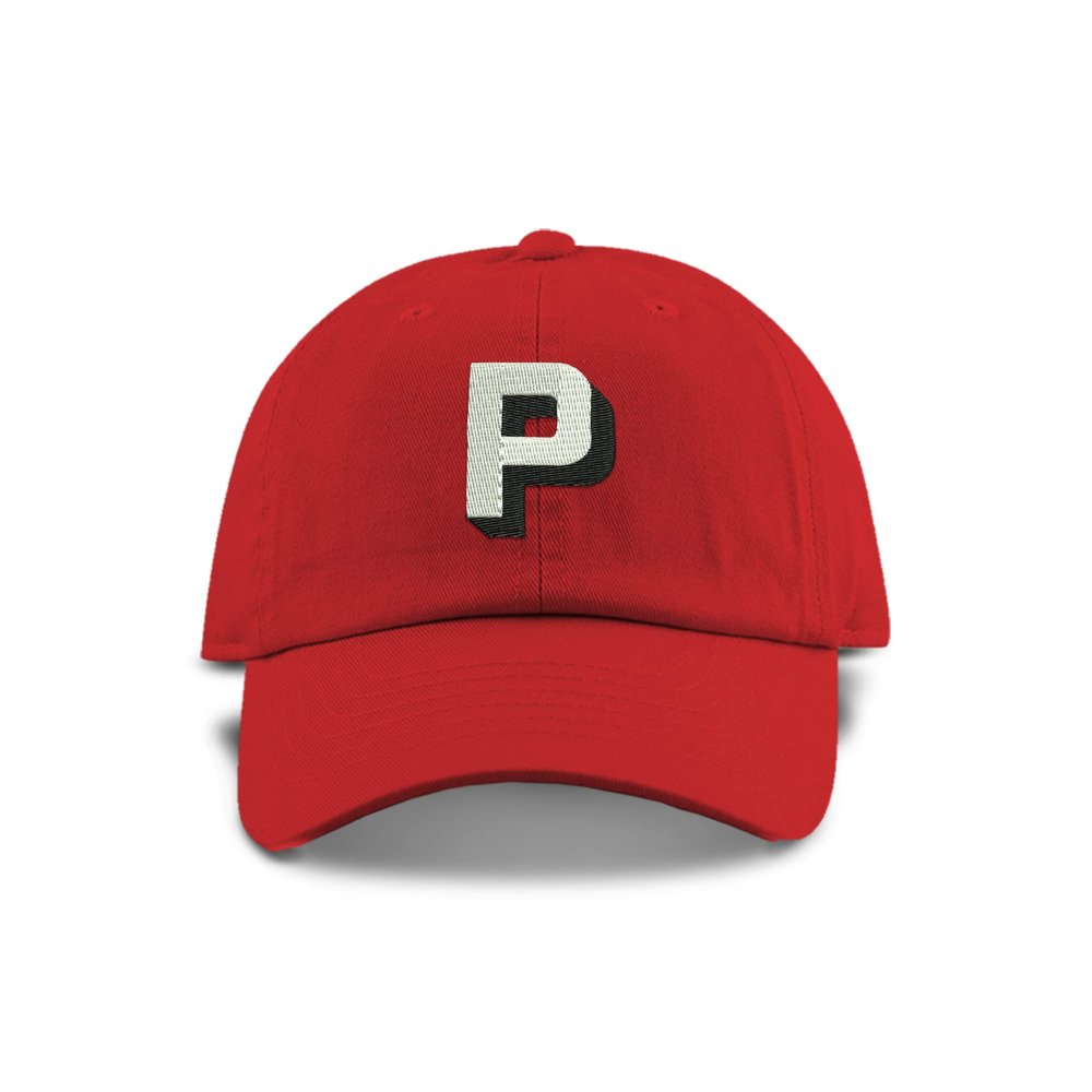 Monogram Initial Modern Shadow Letter Baseball Cap - Toddler, Youth Kids, and Adult Adjustable Red Hat with White Letter (6-9 Youth Size, P)