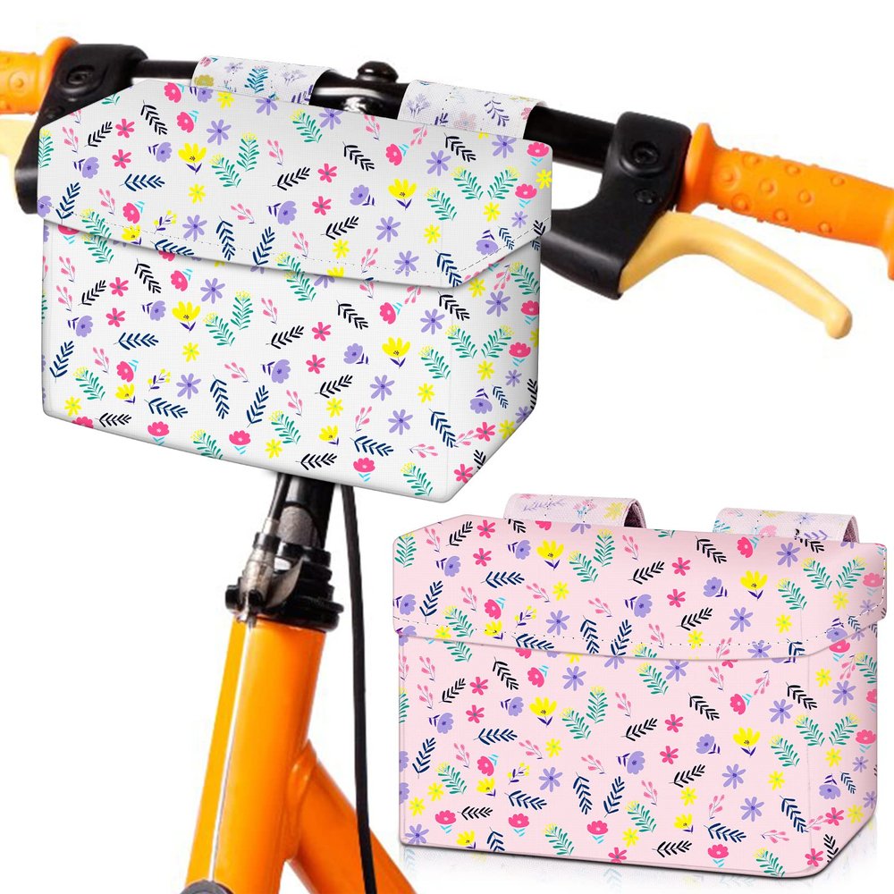 2 Pcs Bike Basket Kids Girls Boys Bike Handlebar Bag Bicycle Front Storage Pouch Scooter Bicycle Accessories for Balance Scooter Stroller Wheelchair(Flower Style)