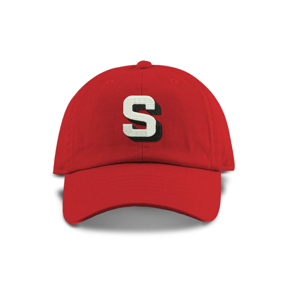 Monogram Initial Modern Shadow Letter Baseball Cap - Toddler, Youth Kids, and Adult Adjustable Red Hat with White Letter (6-9 Youth Size, S)