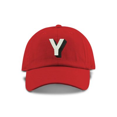 Monogram Initial Modern Shadow Letter Baseball Cap - Toddler, Youth Kids, and Adult Adjustable Red Hat with White Letter (6-9 Youth Size, Y)