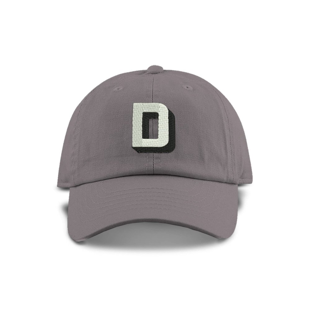 Monogram Initial Modern Shadow Letter Baseball Cap - Toddler, Youth Kids, and Adult Adjustable Grey Hat with White Letter (6-9 Youth Size, D)