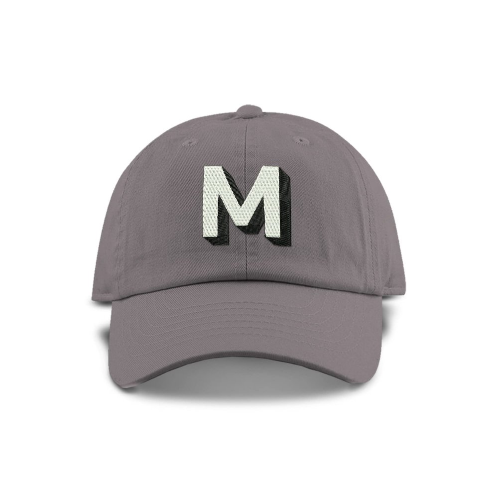 Monogram Initial Modern Shadow Letter Baseball Cap - Toddler, Youth Kids, and Adult Adjustable Grey Hat with White Letter (2-5 Toddler Size, M)
