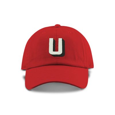 Monogram Initial Modern Shadow Letter Baseball Cap - Toddler, Youth Kids, and Adult Adjustable Red Hat with White Letter (2-5 Toddler Size, U)