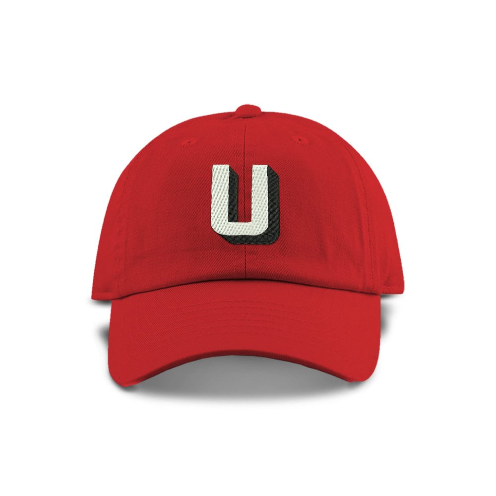 Monogram Initial Modern Shadow Letter Baseball Cap - Toddler, Youth Kids, and Adult Adjustable Red Hat with White Letter (2-5 Toddler Size, U)