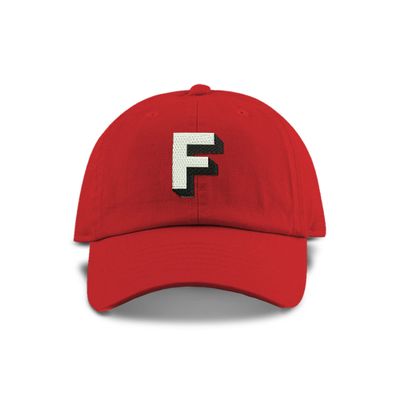 Monogram Initial Modern Shadow Letter Baseball Cap - Toddler, Youth Kids, and Adult Adjustable Red Hat with White Letter (10+ Adult Size, F)
