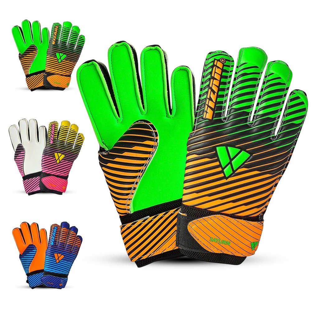 Vizari Saturn F.P. Soccer Goalkeeper Gloves with Finger Support - Green/Orange, Size 4 | Inbuilt Fingersave Protection Goalie Gloves | 3-MM Duplatex Foam Palm Football Gloves
