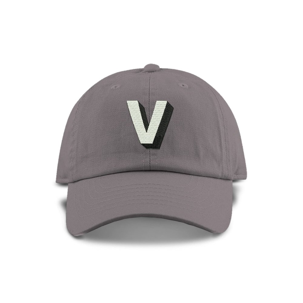 Monogram Initial Modern Shadow Letter Baseball Cap - Toddler, Youth Kids, and Adult Adjustable Grey Hat with White Letter (10+ Adult Size, V)