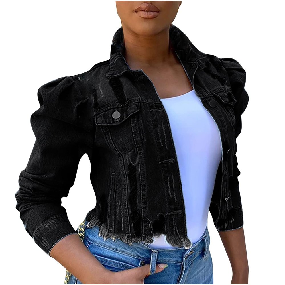 Women's Sexy Ripped Denim Jackets Collar Button Down Short Crop Top Jeans Coat Vintage Long Puff Sleeve Jean Jacket