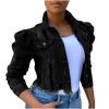 Women's Sexy Ripped Denim Jackets Collar Button Down Short Crop Top Jeans Coat Vintage Long Puff Sleeve Jean Jacket view 1