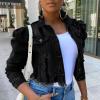 Women's Sexy Ripped Denim Jackets Collar Button Down Short Crop Top Jeans Coat Vintage Long Puff Sleeve Jean Jacket view 2