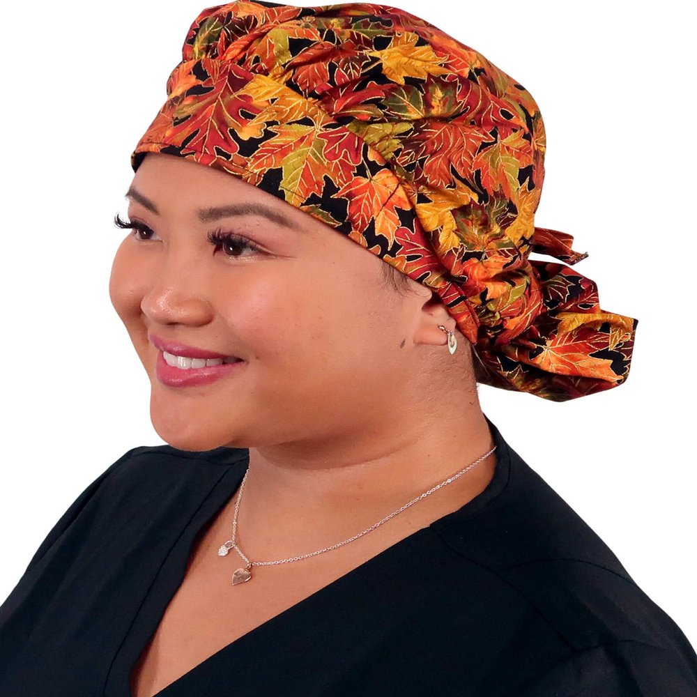 Sparkling EARTH Metallic Autumn Leaves Banded Bouffant Ponytail Surgical Scrub Cap with Built-in Sweatband - Made in the USA
