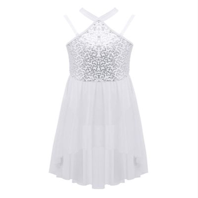 FEESHOW Big Girls Mesh Open Back Lyrical Dance Dress Ballroom Dancing Costumes Leotard High Low Flowy Sheer Skirt C White 6 Years