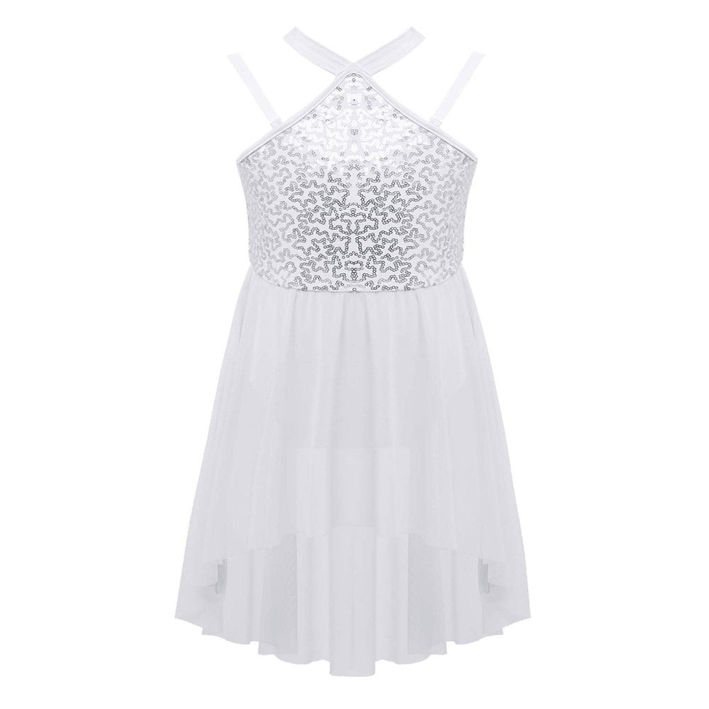 FEESHOW Big Girls Mesh Open Back Lyrical Dance Dress Ballroom Dancing Costumes Leotard High Low Flowy Sheer Skirt C White 6 Years