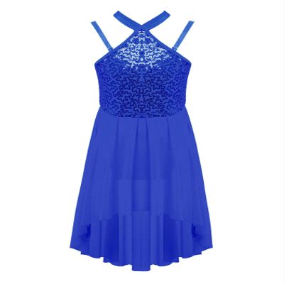 FEESHOW Big Girls Mesh Open Back Lyrical Dance Dress Ballroom Dancing Costumes Leotard High Low Flowy Sheer Skirt Royal Blue 14 Years