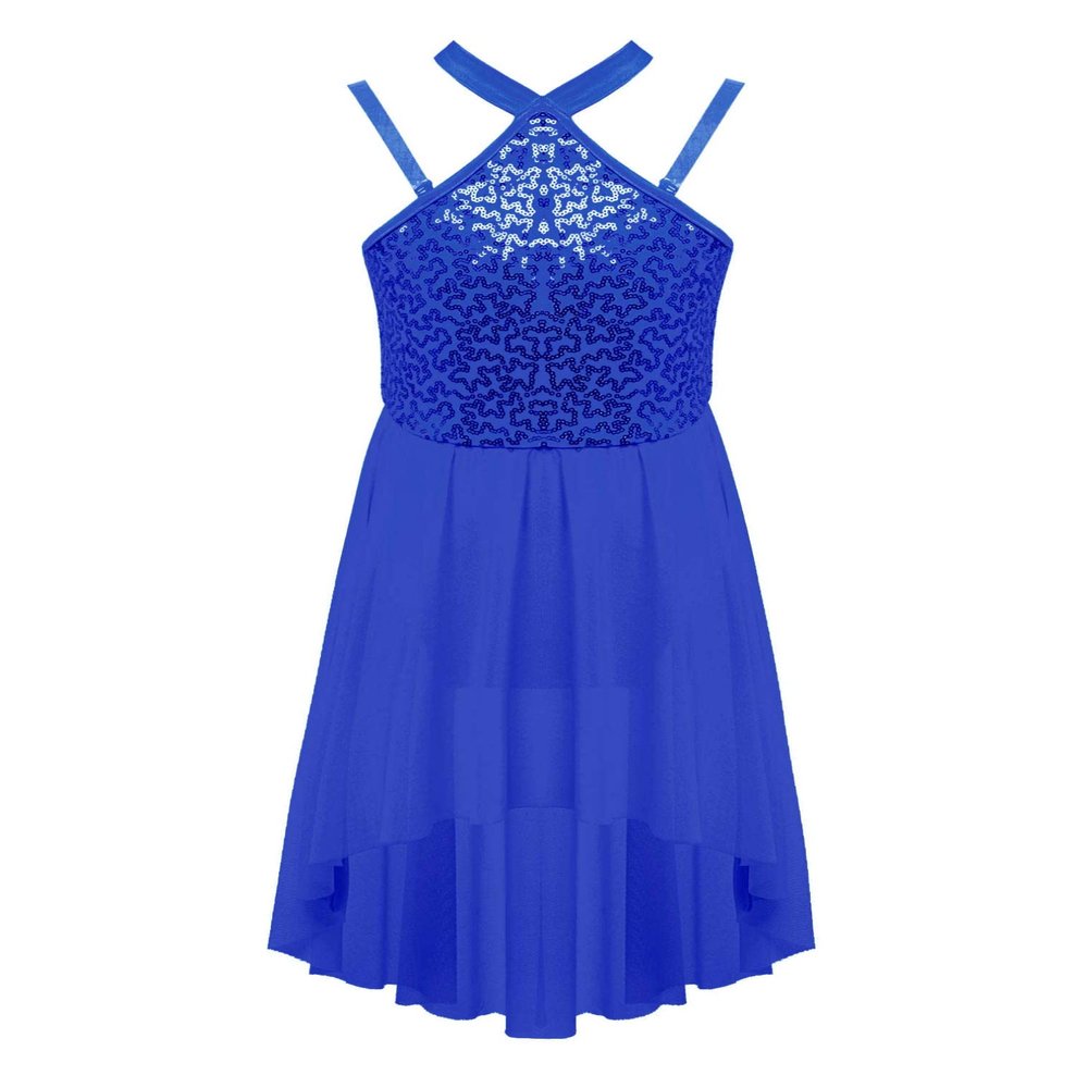 FEESHOW Big Girls Mesh Open Back Lyrical Dance Dress Ballroom Dancing Costumes Leotard High Low Flowy Sheer Skirt Royal Blue 14 Years