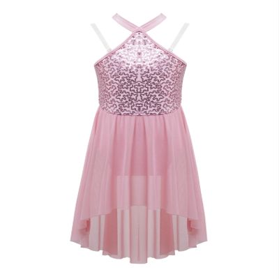 FEESHOW Big Girls Mesh Open Back Lyrical Dance Dress Ballroom Dancing Costumes Leotard High Low Flowy Sheer Skirt C Pink 14 Years