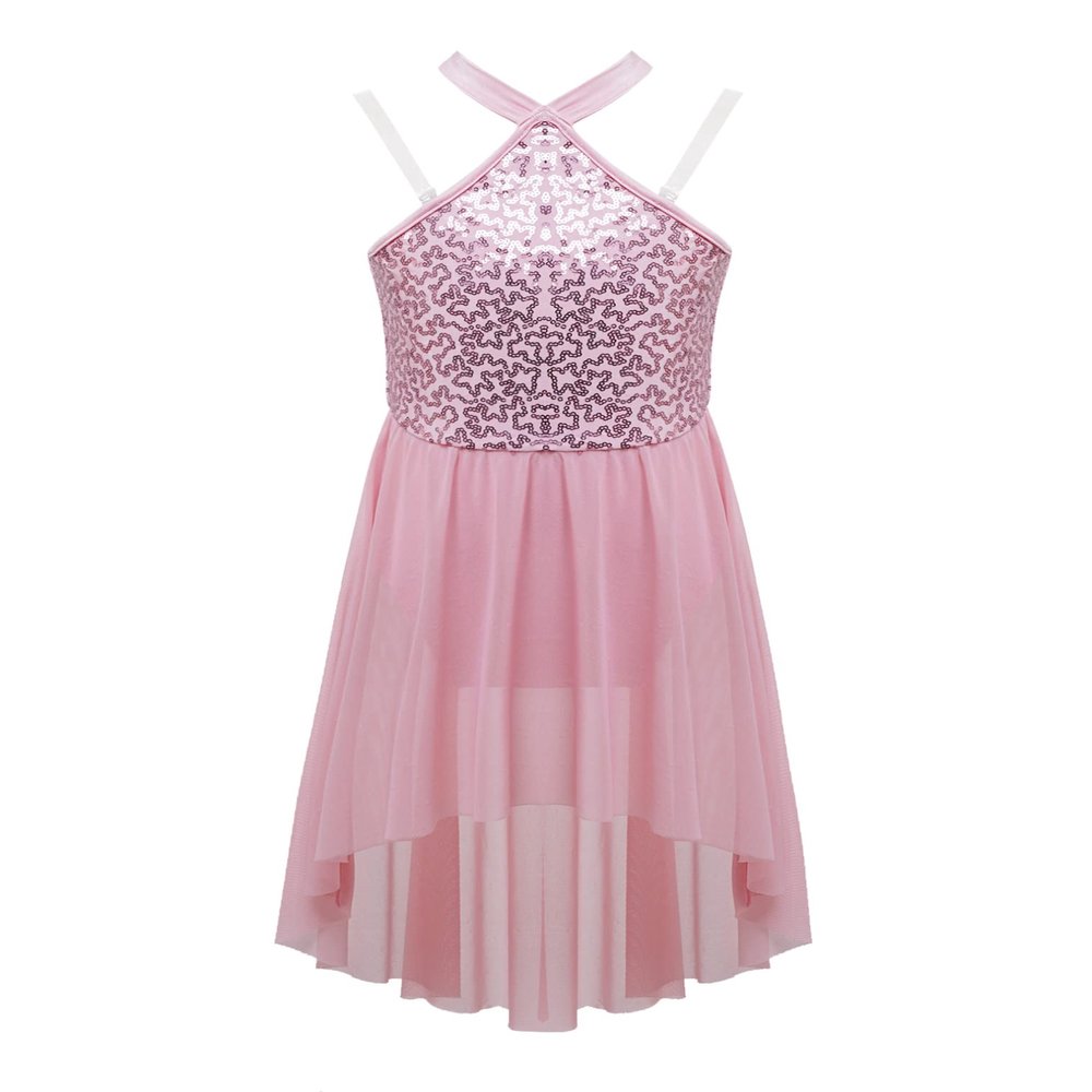 FEESHOW Big Girls Mesh Open Back Lyrical Dance Dress Ballroom Dancing Costumes Leotard High Low Flowy Sheer Skirt C Pink 14 Years