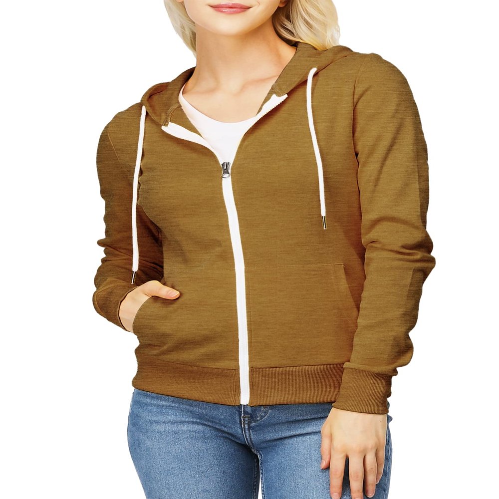 OSABASA Womens Basic Zip Up Hoodies Sweatshirt Long Sleeve Patch Pocket CARAMEL US L (OSCWOHOL030)