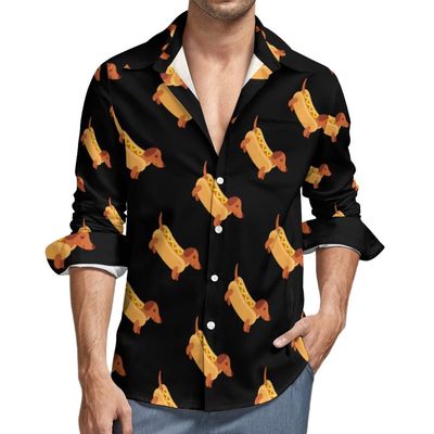 Dachshund in Hot Dog Bun with Mustard Men's Shirt Long-Sleeve Button Hawaiian Shirt Tops for Casual Beach Work XS