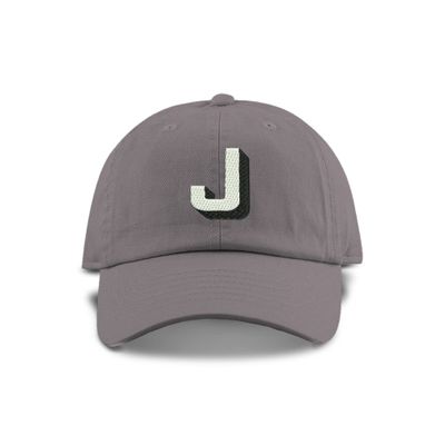 Monogram Initial Modern Shadow Letter Baseball Cap - Toddler, Youth Kids, and Adult Adjustable Grey Hat with White Letter (6-9 Youth Size, J)