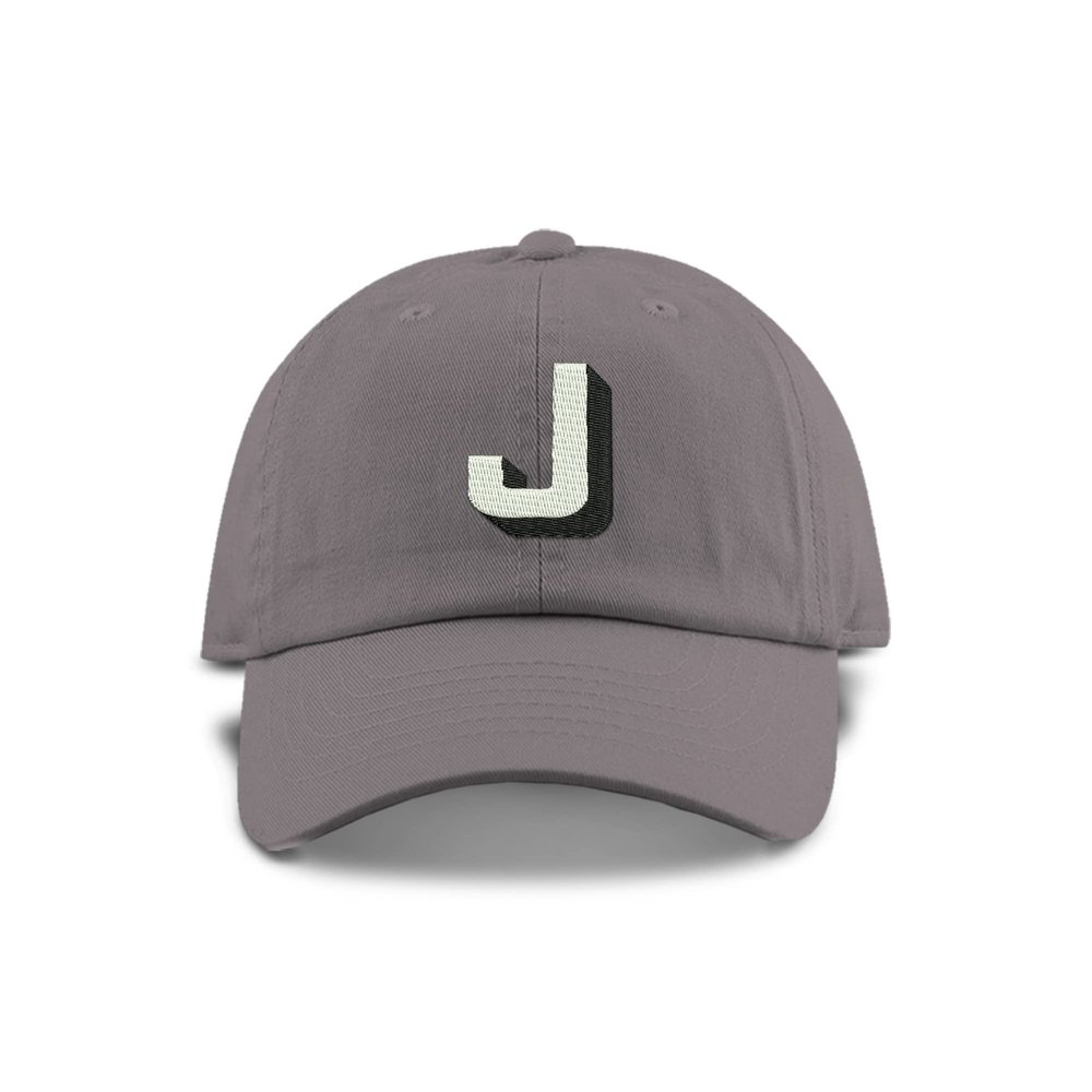 Monogram Initial Modern Shadow Letter Baseball Cap - Toddler, Youth Kids, and Adult Adjustable Grey Hat with White Letter (6-9 Youth Size, J)