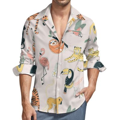 Jungle Animals Men's Shirt Long-Sleeve Button Hawaiian Shirt Tops for Casual Beach Work L